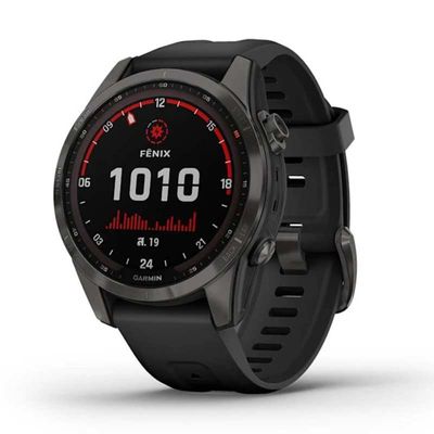 GARMIN Fenix 7S Sapphire Solar Smart Watch (42mm., Carbon Gray DLC Titanium Case, Black Band)